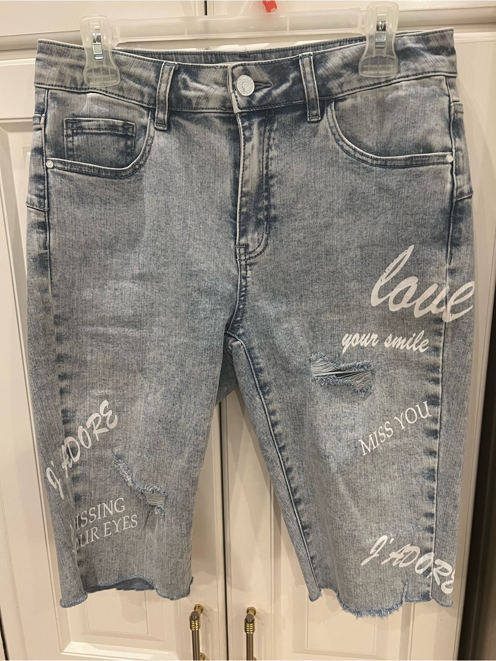 Light Wash Charlie B Graphic Women’s Denim Bermuda Shorts - Love Print